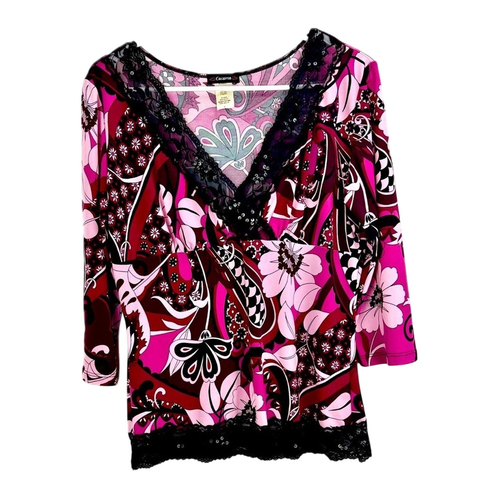 Cacama Pink & Black Floral V-Neck Blouse – Size Small Lace Bling Stretchy‎
